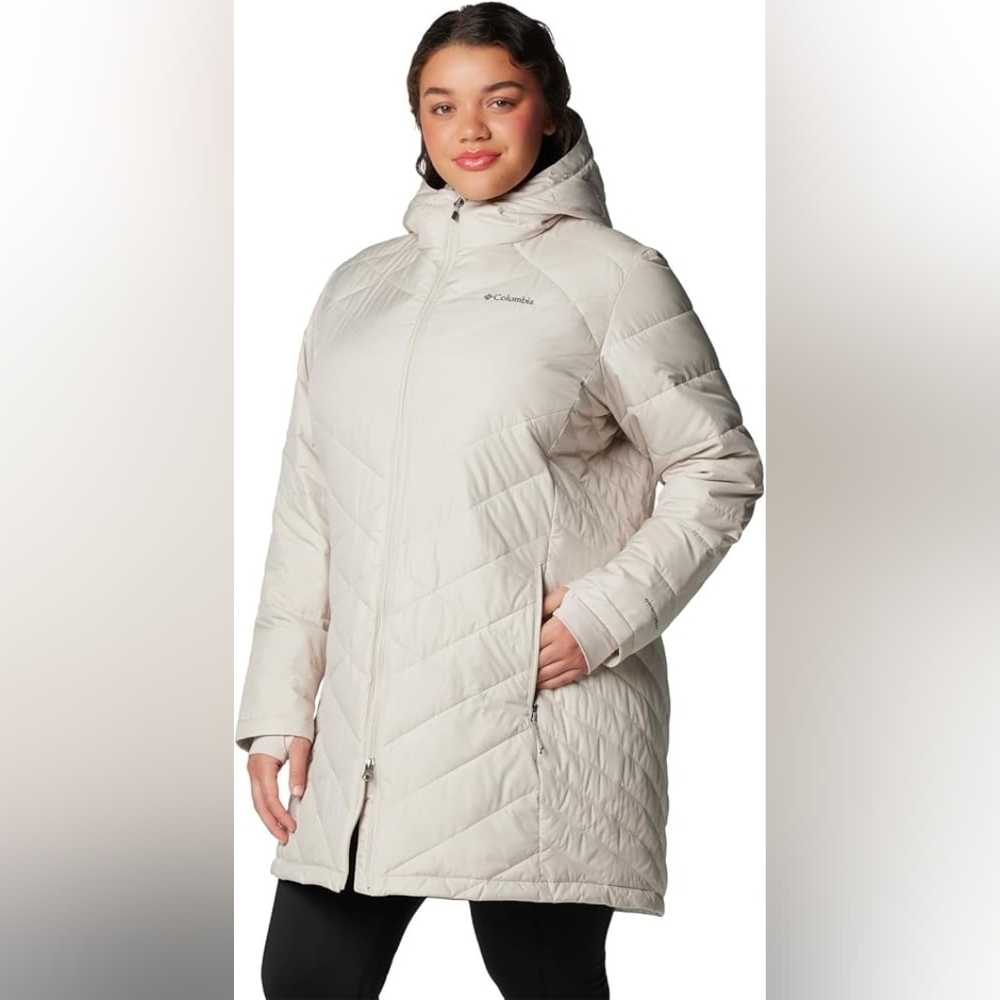 Columbia Heavenly Long Hooded Puffer Jacket, Dark Stone, Cream, Beige, 1X